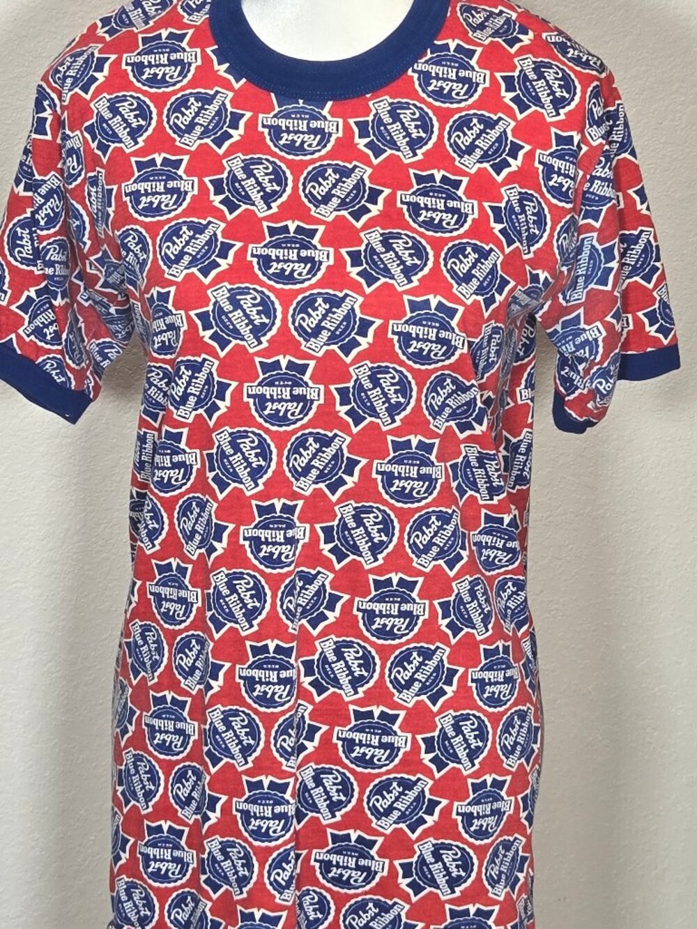 1970s Pabst Blue Ribbon All Over Print Ringer T-Shirt |  Nostalgic Breweriana